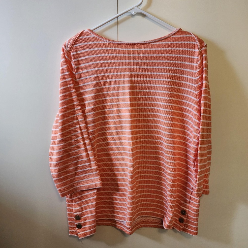 Norm Thompson Vintage Orange White‎ Striped Boat Neck Sweater XL Button Hem